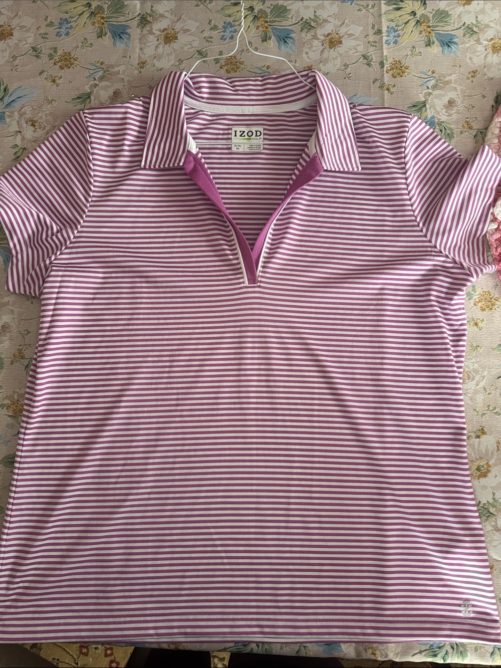 Izod Women's Pink & White Striped Short-Sleeve Polo